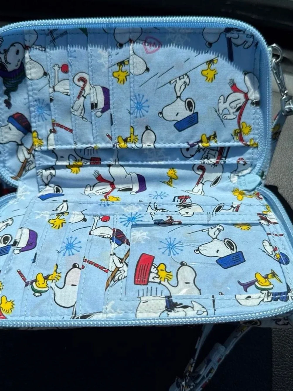 Vera Bradley Light Blue Snoopy & Woodstock Quilted Wristlet with Holiday Print